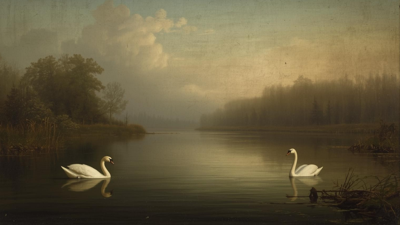 Two swans on a misty lake